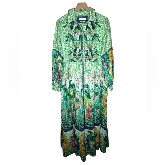 Anthropologie Cotton/Silk Blend Eleanora Maxi Green Jungle Animal Floral Dress S - Picture 4 of 11